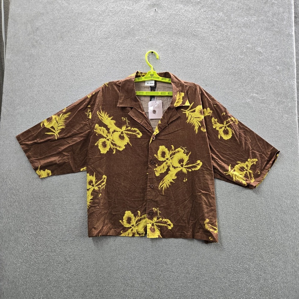 Savage X Fenty Men Button Up Shirt L Brown Floral Hawaiian Sunchaser